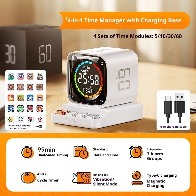 30 Minute Clock Timer with 15 and Cube Digital Countdown Rechargeable with Charging Dock - Image 1