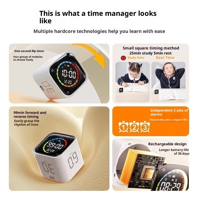 30 Minute Clock Timer with 15 and Cube Digital Countdown Rechargeable with Charging Dock - Image 5