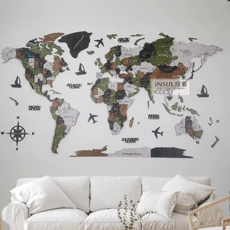 3D Wooden World Map Wall Art with Global Continents Engraved Details and Compass Rose - Image 1