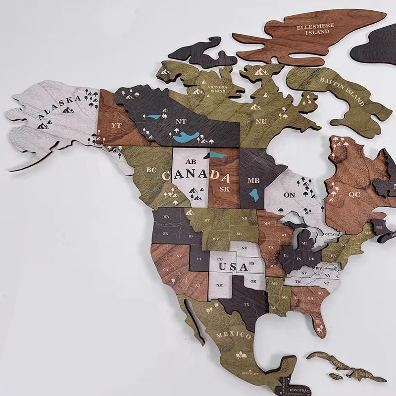 3D Wooden World Map Wall Art with Global Continents Engraved Details and Compass Rose - Image 3