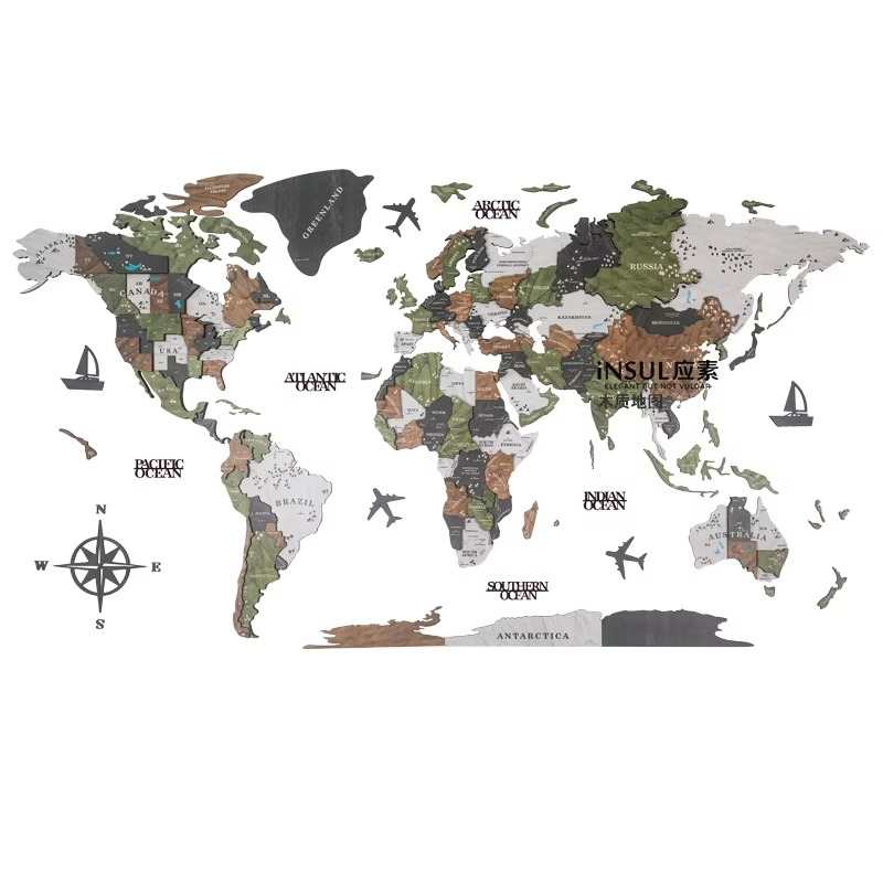 3D Wooden World Map Wall Art with Global Continents Engraved Details and Compass Rose - Image 5