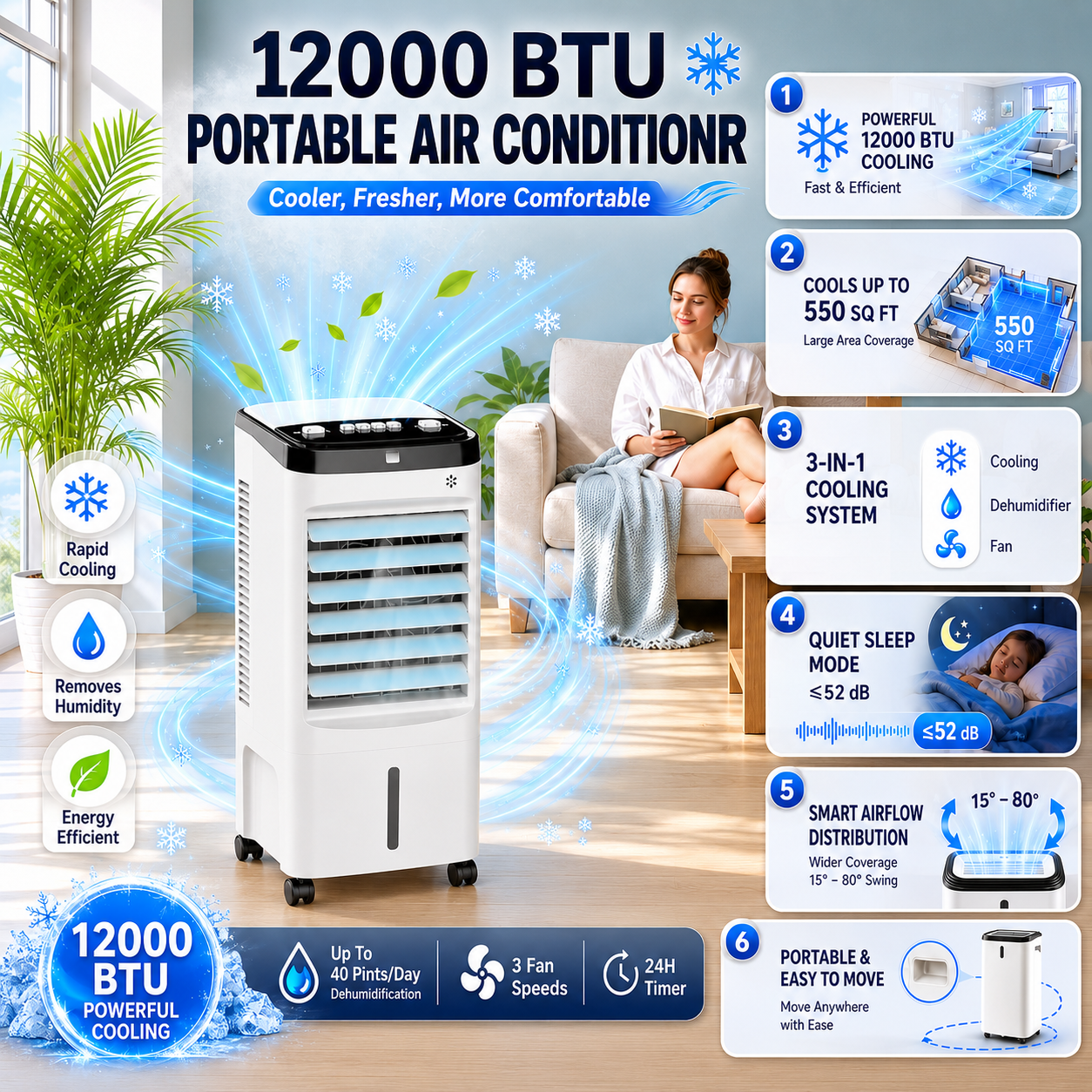 Portable Air Conditioner 12000 BTU with Fan and Dehumidifier