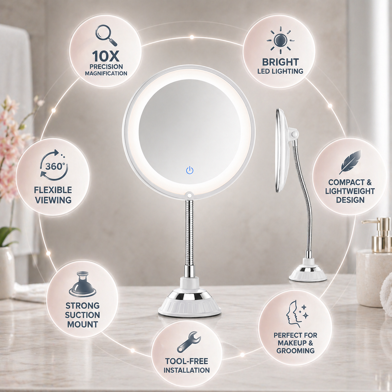 Badezimmerspiegel mit LED, Vergrößerungsspiegel und verstellbarem Arm