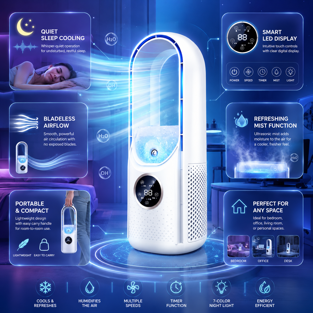Portable Quiet Air Cooler with Bladeless Cooling
