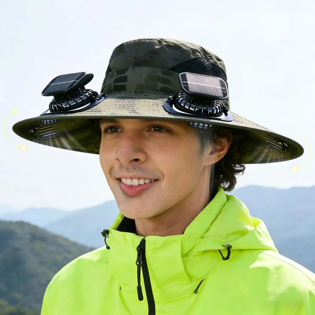 Wide Brim Sun Hat with Dual Solar Powered Fans