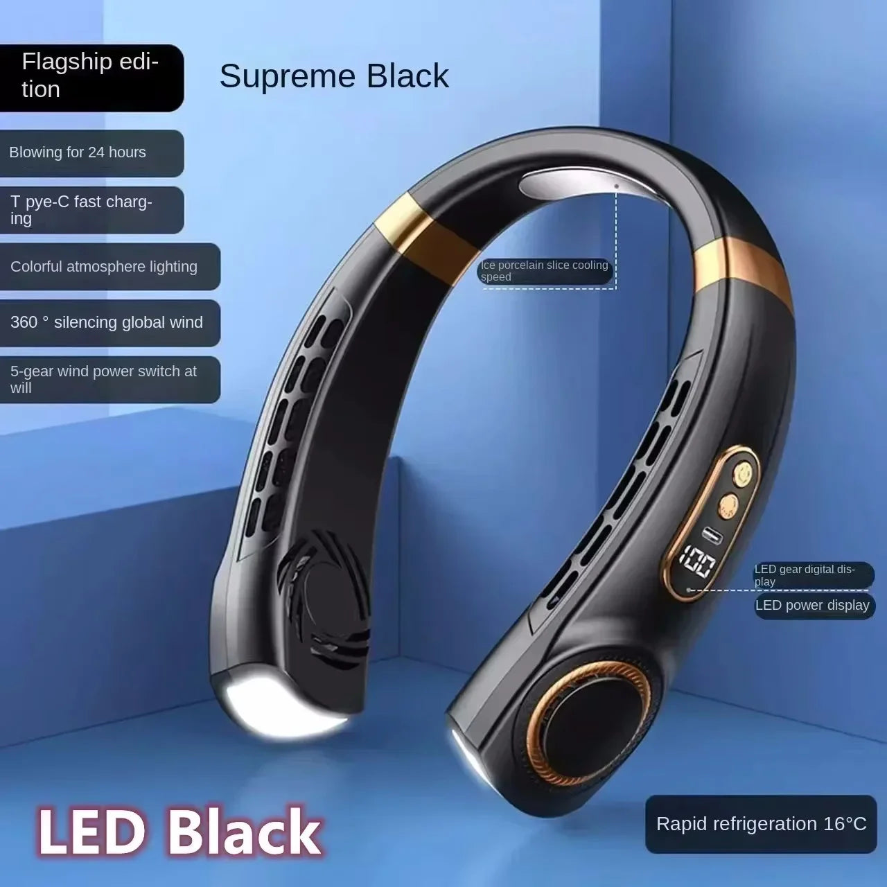 Portable USB Hanging Neck Fan LED Display 8000mAh Battery