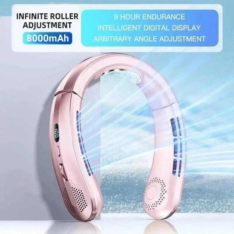 Portable USB Hanging Neck Fan LED Display 8000mAh Battery