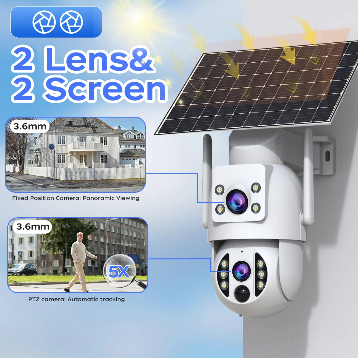 4K Dual Lens Solar Powered Outdoor Security Camera
