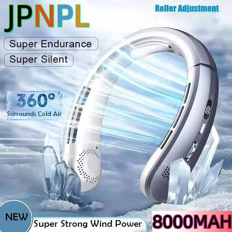 Portable USB Hanging Neck Fan LED Display 8000mAh Battery