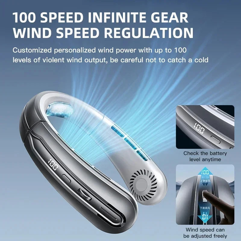 Portable USB Hanging Neck Fan LED Display 8000mAh Battery