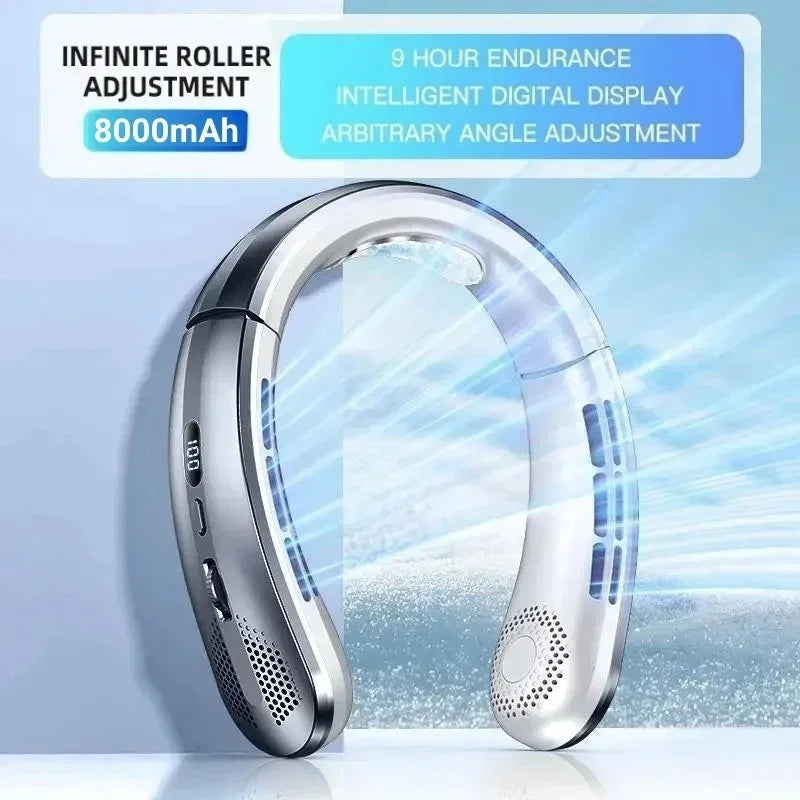 Portable USB Hanging Neck Fan LED Display 8000mAh Battery
