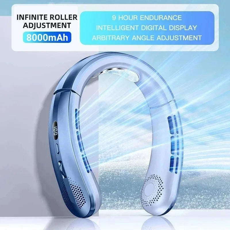 Portable USB Hanging Neck Fan LED Display 8000mAh Battery