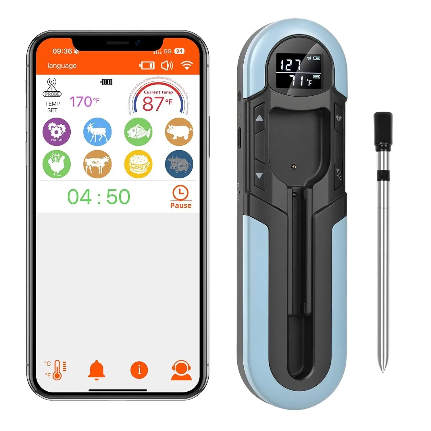 Bluetooth Wireless Meat Thermometer Dual Sensor 150m Range