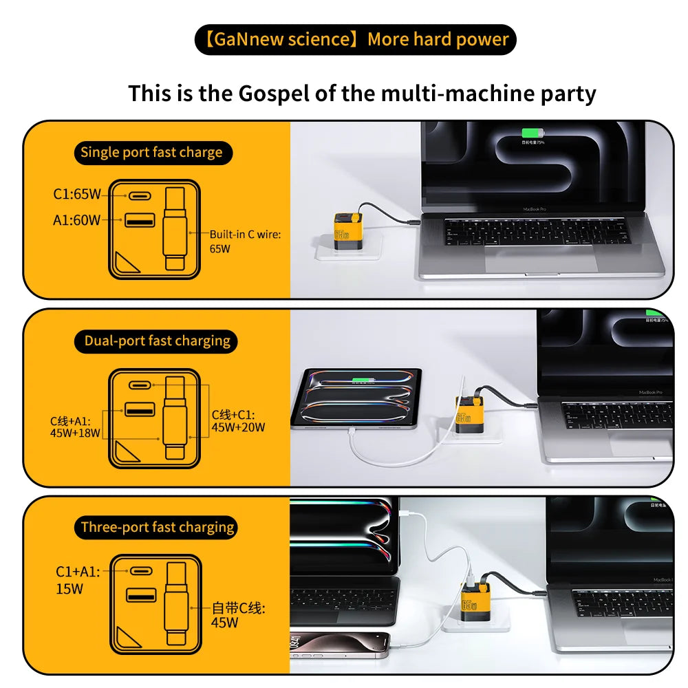 65W USB C Fast Charger with Integrated Charging Cable