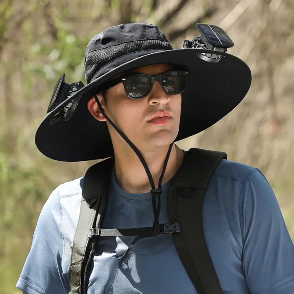 Wide Brim Sun Hat with Dual Solar Powered Fans