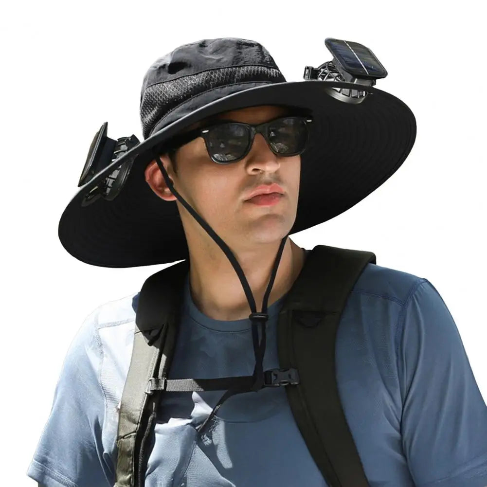 Wide Brim Sun Hat with Dual Solar Powered Fans