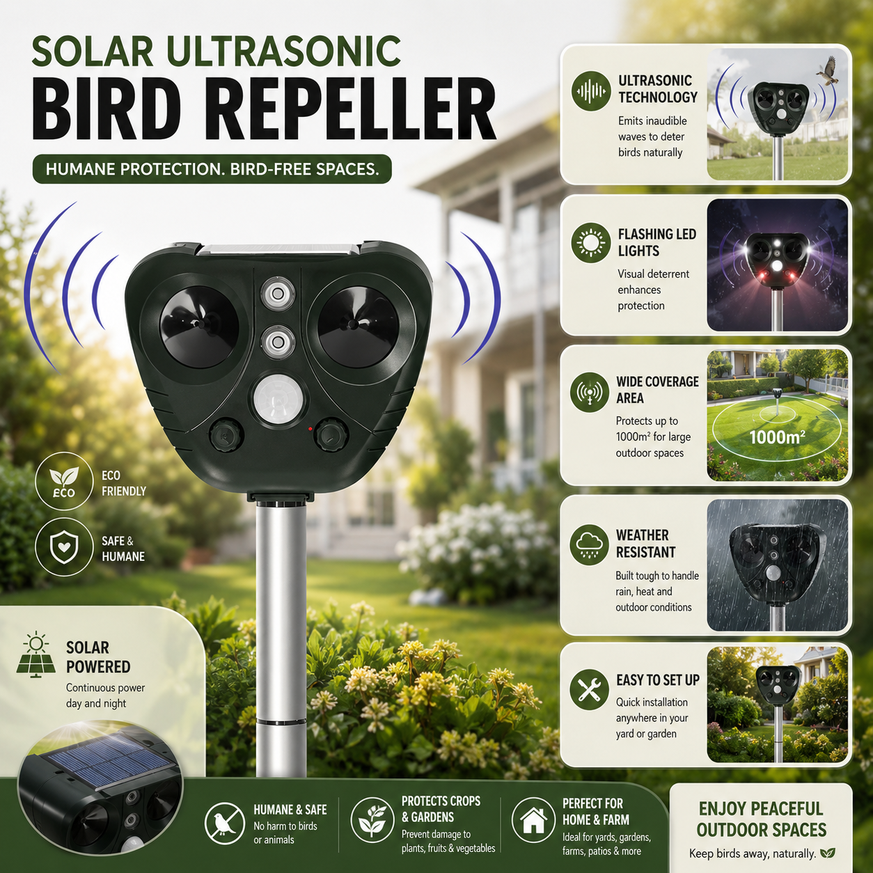 Ultradźwiękowy odstraszacz ptaków do ogrodu Solar Bird Repeller
