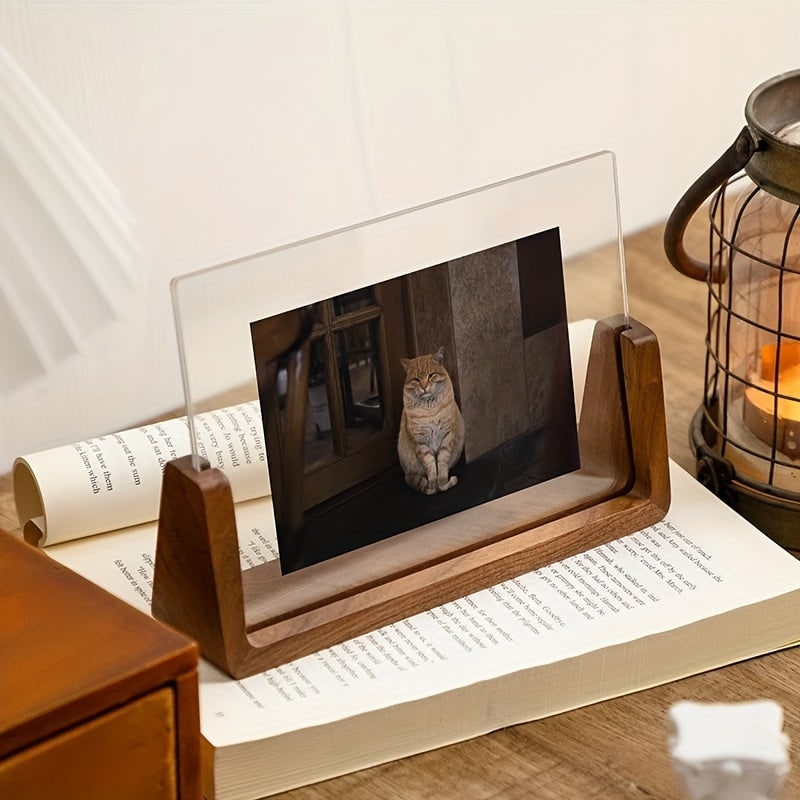 Acrylic Photo Frame with Wooden U-Shaped Base Modern Tabletop Display for Pictures 8x12 - Image 2