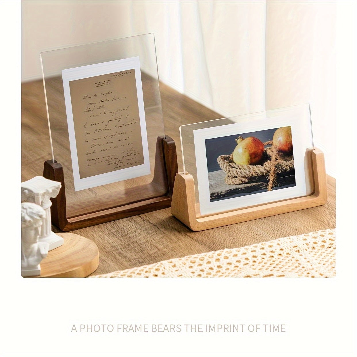 Acrylic Photo Frame with Wooden U-Shaped Base Modern Tabletop Display for Pictures 8x12 - Image 4