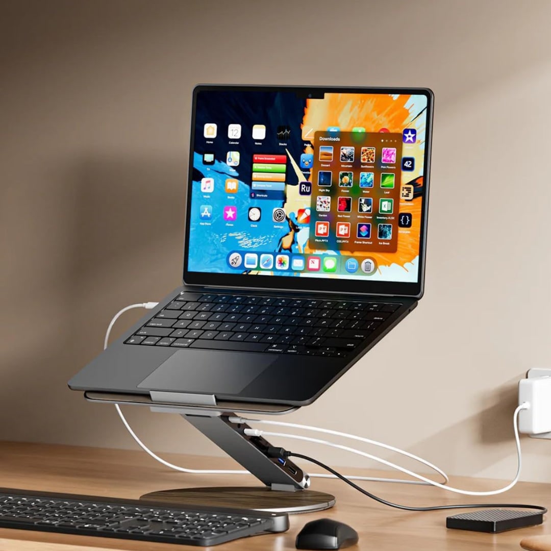 Adjustable Foldable Laptop Stand Wood Docking Station Rotating Ventilated With Ports - Image 1