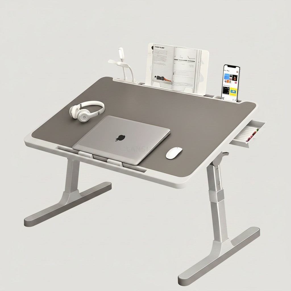 Adjustable Laptop Stand for Bed with Folding Legs Tilting Surface and Storage Drawer - Image 1
