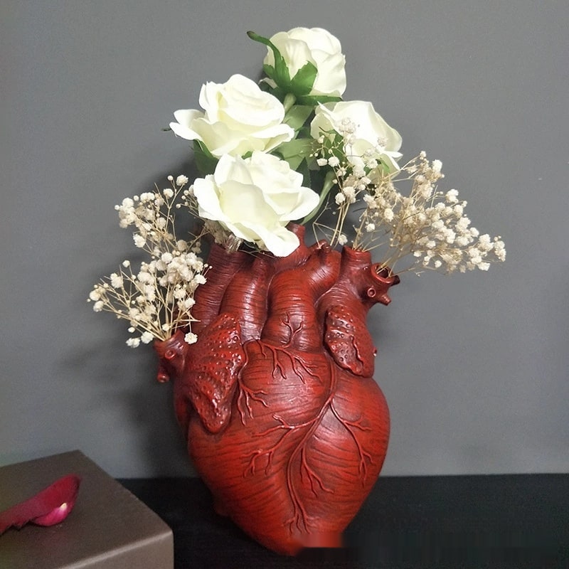 Anatomical Heart Flower Vase with Big Decorative Resin Sculpture and Bud Openings Cut Glass - Image 2
