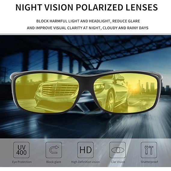 Anti-Glare Night Driving Glasses Polarized Wraparound Yellow Lens Travel Case Over - Image 2
