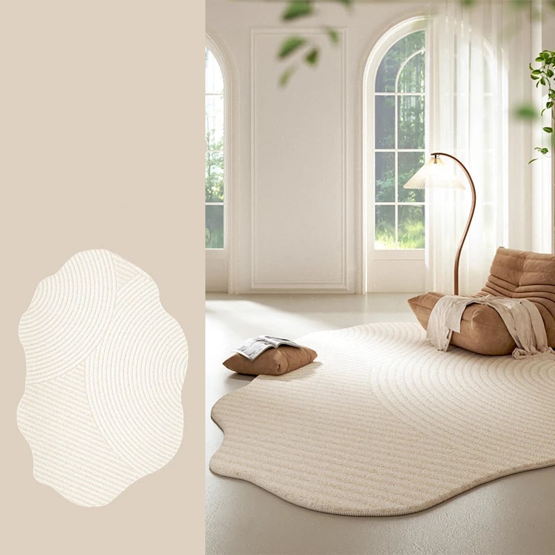 Area Rug with Irregular Shape Cream Textured Plush Low Pile for Living Room - Image 17