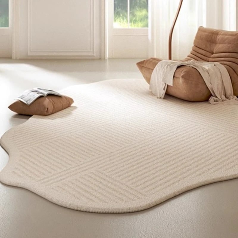 Area Rug with Irregular Shape Cream Textured Plush Low Pile for Living Room - Image 2