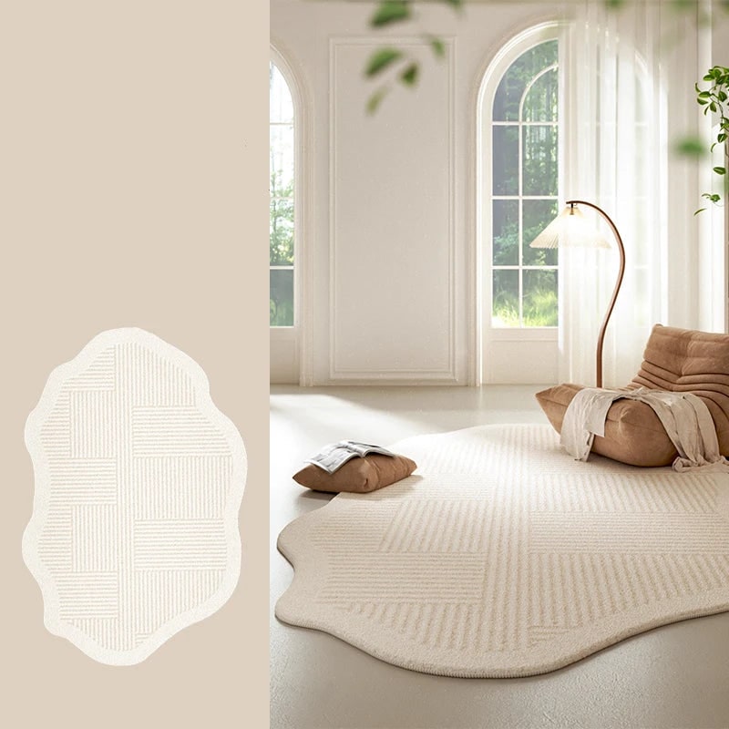 Area Rug with Irregular Shape Cream Textured Plush Low Pile for Living Room - Image 5