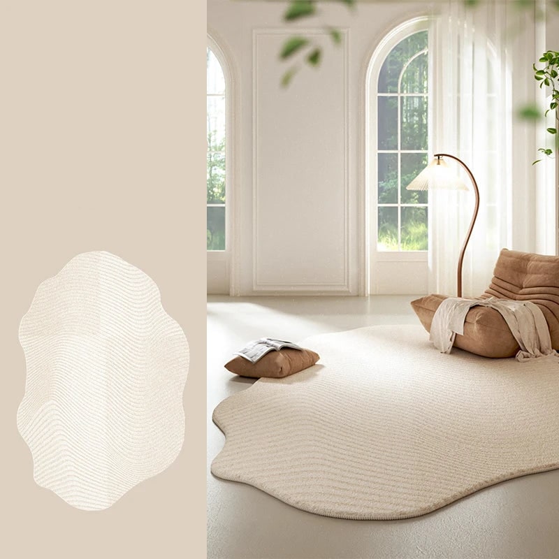 Area Rug with Irregular Shape Cream Textured Plush Low Pile for Living Room - Image 6