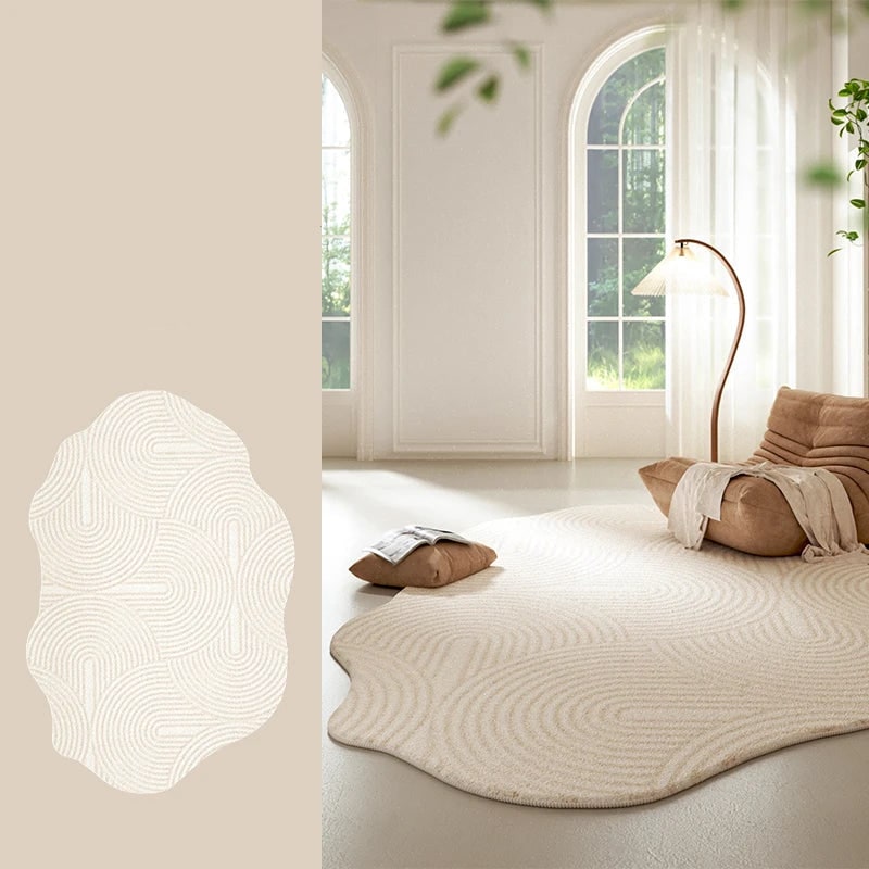 Area Rug with Irregular Shape Cream Textured Plush Low Pile for Living Room - Image 7