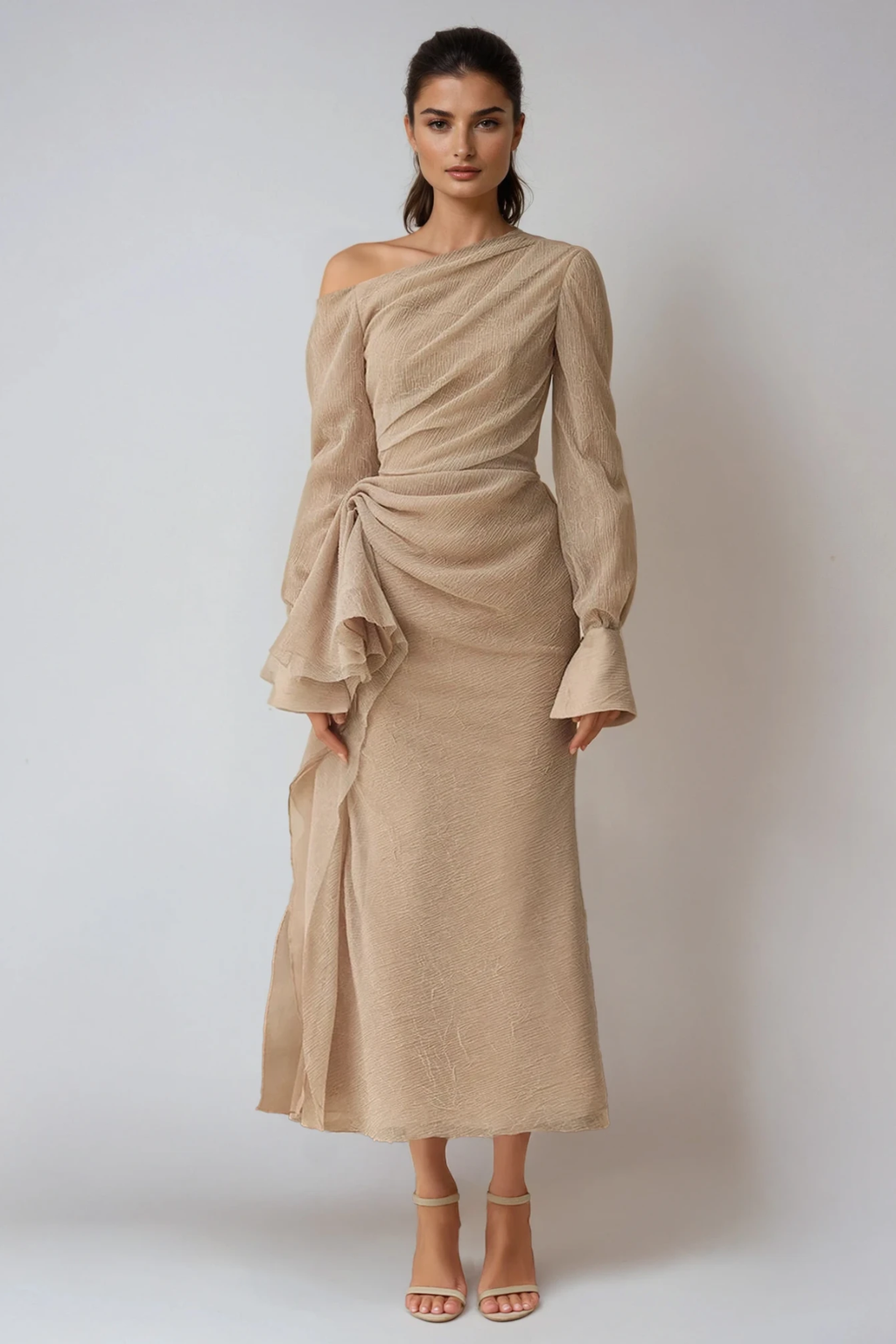 Asymmetric Draped One Shoulder Long Sleeve Formal Maxi Dress — back view