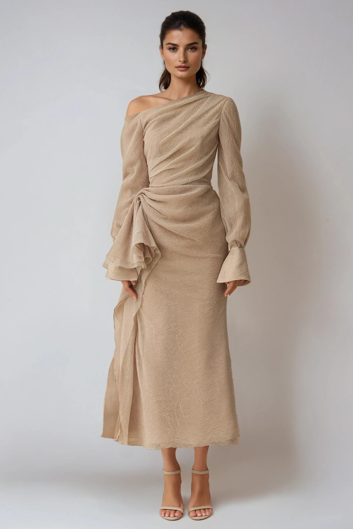 Asymmetric Draped One Shoulder Long Sleeve Formal Maxi Dress — back view