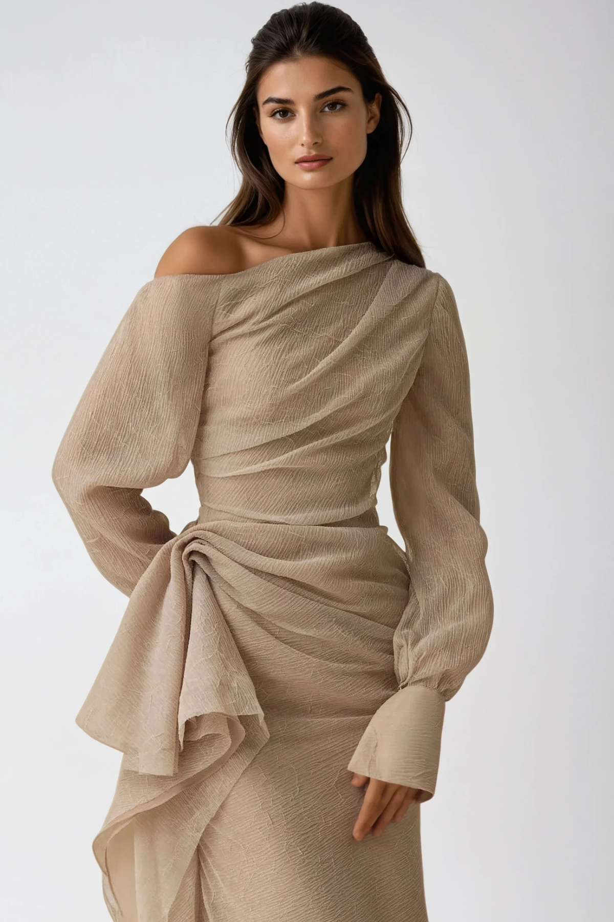 Asymmetric Draped One Shoulder Long Sleeve Formal Maxi Dress — close-up