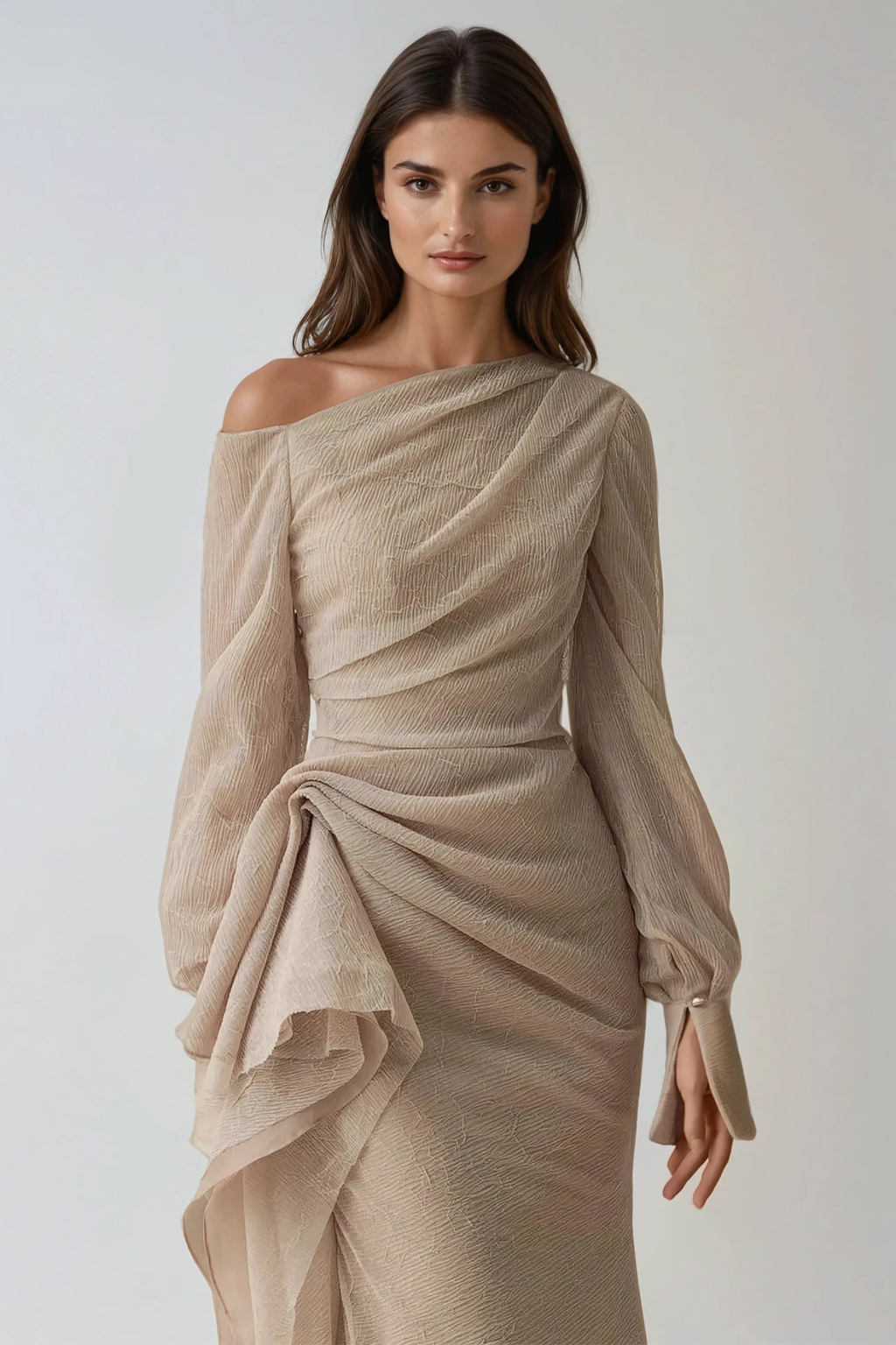 Asymmetric Draped One Shoulder Long Sleeve Formal Maxi Dress — detail view