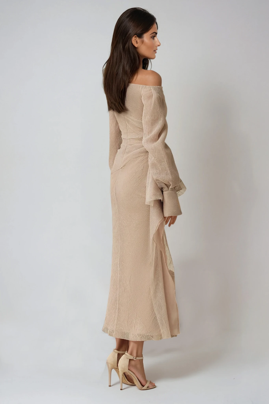 Asymmetric Draped One Shoulder Long Sleeve Formal Maxi Dress — side view