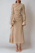 Asymmetric Draped One Shoulder Long Sleeve Formal Maxi Dress