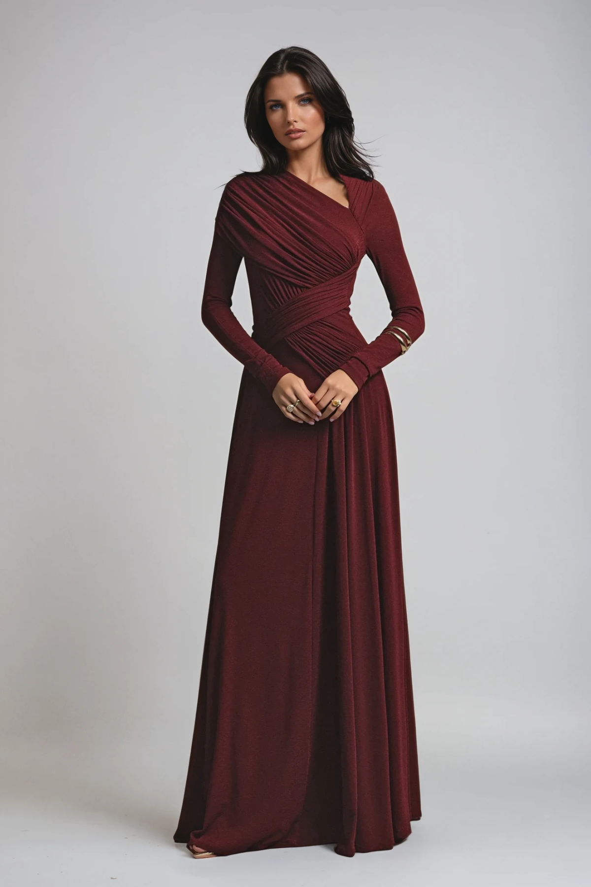 Asymmetric Neckline Long Sleeve Ruched Formal Evening Maxi Dress — back view