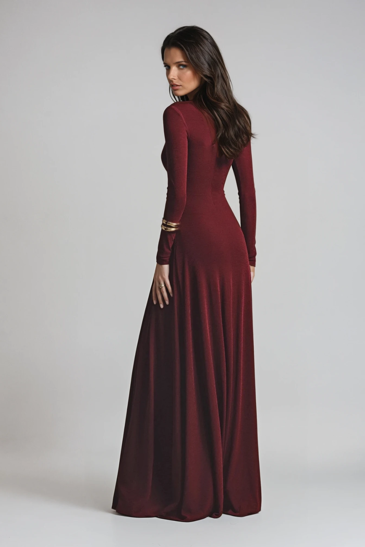 Asymmetric Neckline Long Sleeve Ruched Formal Evening Maxi Dress — side view