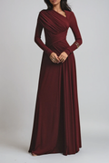 Asymmetric Neckline Long Sleeve Ruched Formal Evening Maxi Dress
