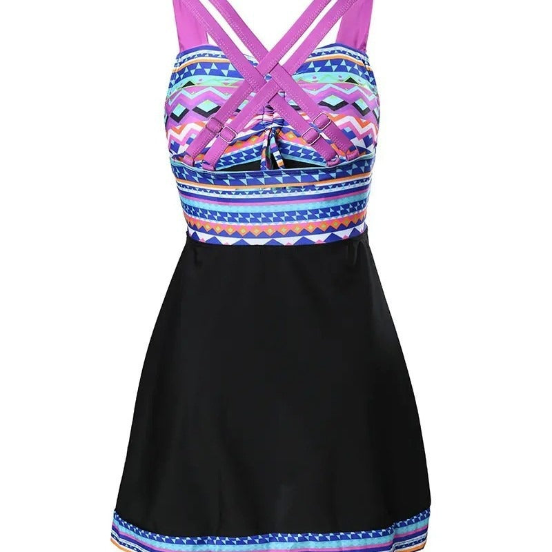 Aztec Geometric Print Swim Dress with Skirted Overlay — side view