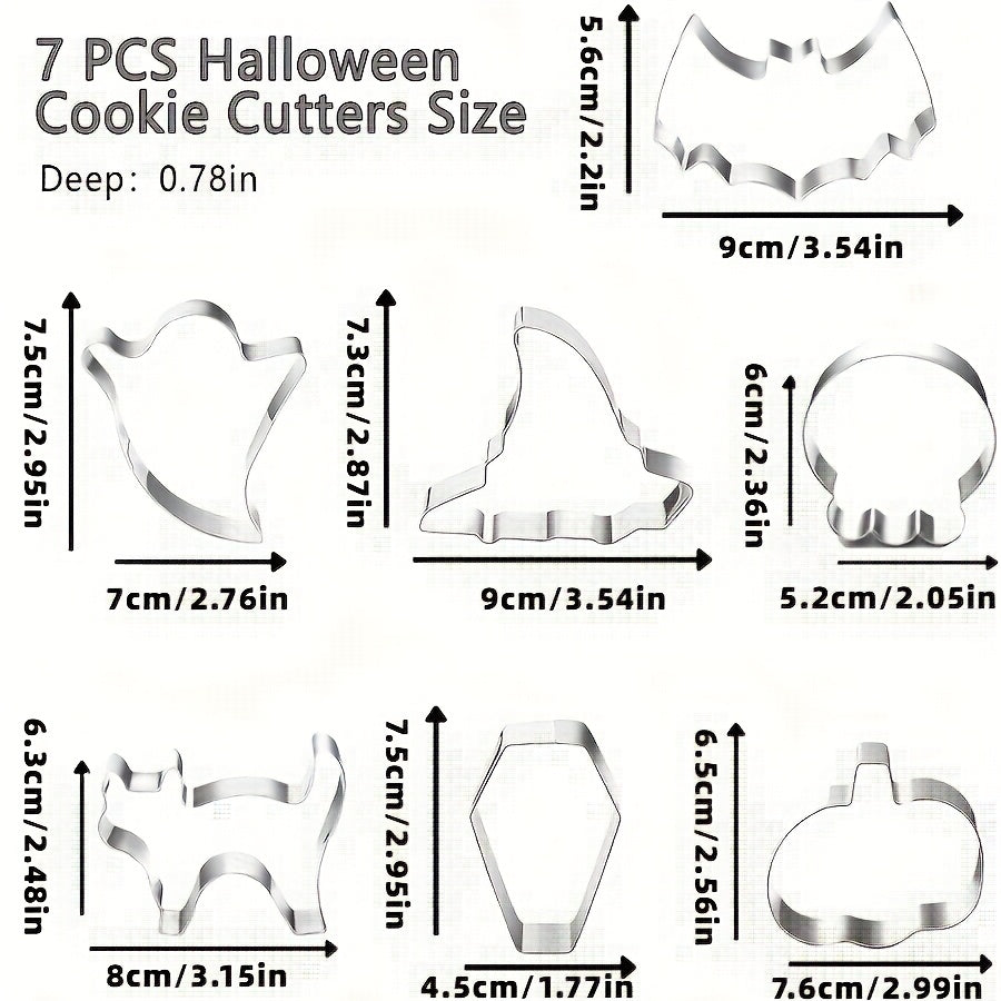 Halloween Stainless Steel Cookie Cutters Set with 7 Shapes Including Bat Ghost Pumpkin and Skull