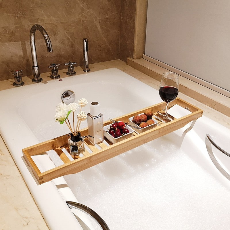 Bamboo Bath Caddy Tray with Wooden Bathtub Organizer and Slatted Design for Bathroom Storage - Image 1