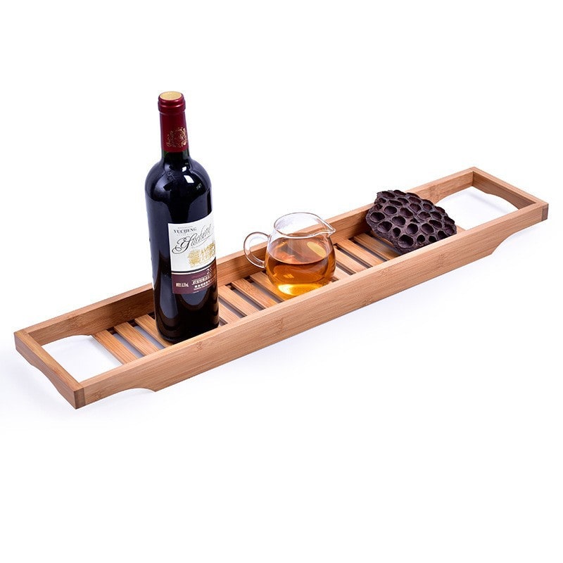 Bamboo Bath Caddy Tray with Wooden Bathtub Organizer and Slatted Design for Bathroom Storage - Image 4