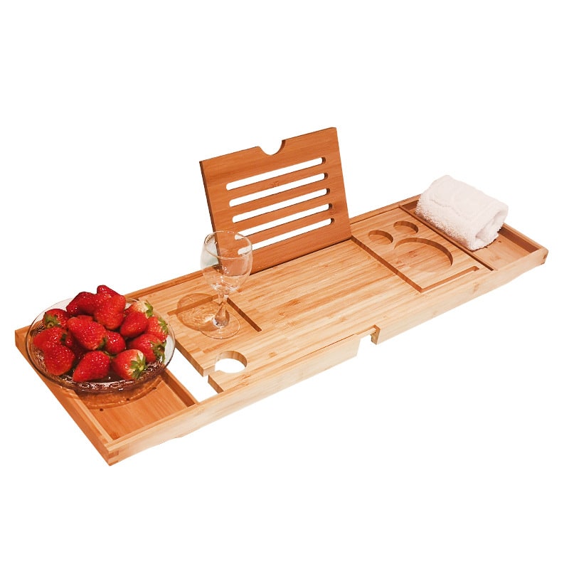 Bamboo Bathtub Organizer Shelf Caddy with Expandable Tray and Fold-Out Legs Bathroom Bath - Image 1