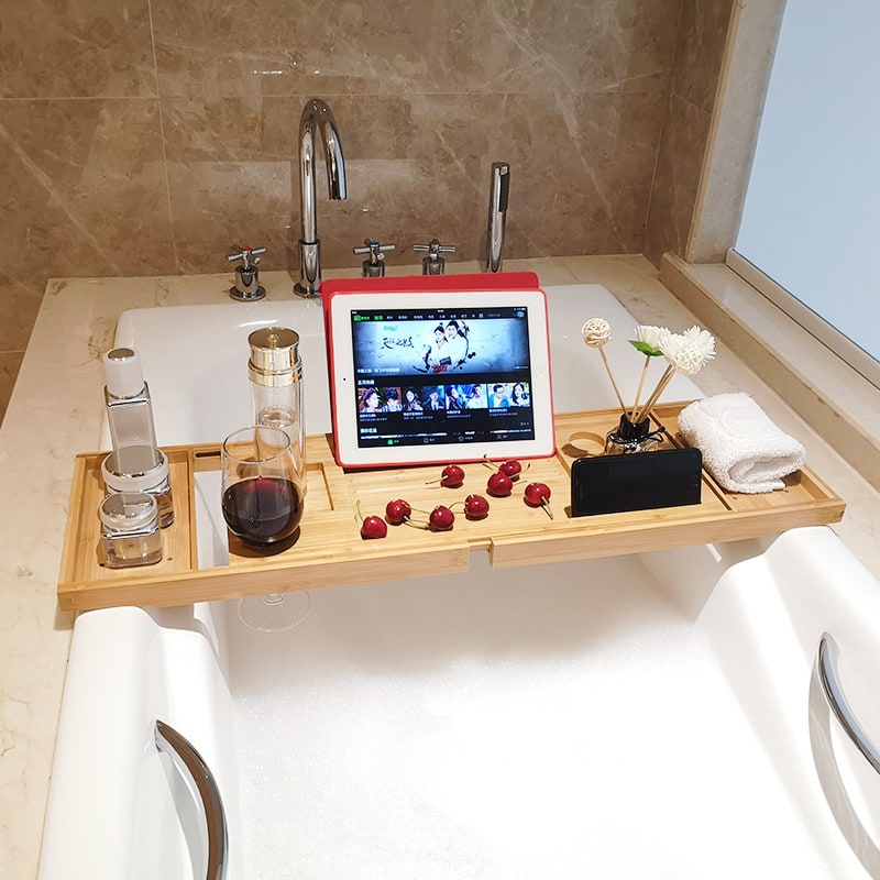 Bamboo Bathtub Organizer Shelf Caddy with Expandable Tray and Fold-Out Legs Bathroom Bath - Image 4