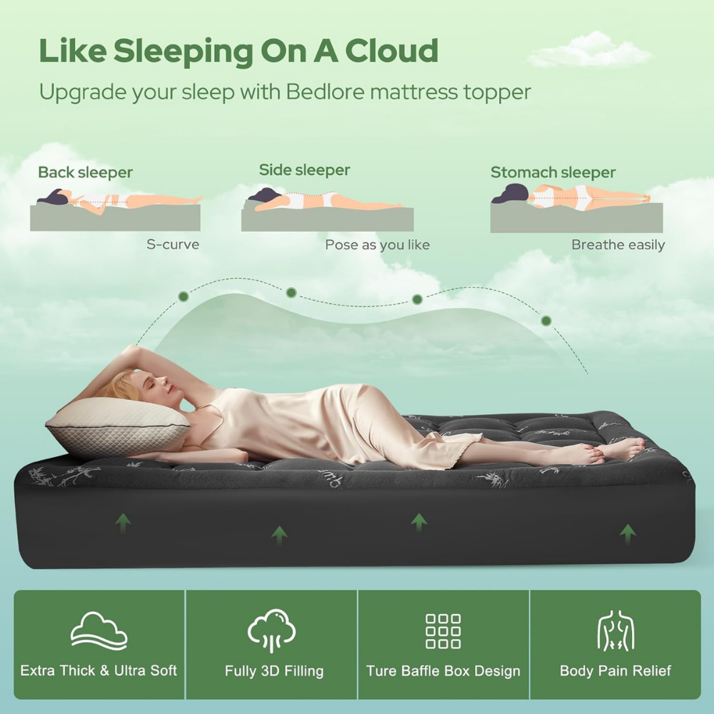 Bamboo Mattress Topper Pad Thick Quilted Tufted Breathable Elastic Straps - Image 6