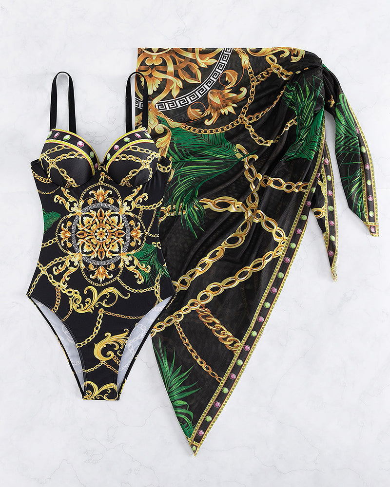 Baroque Gold Chain Print Push-Up Swimsuit with Cover-Up Skirt — detail view