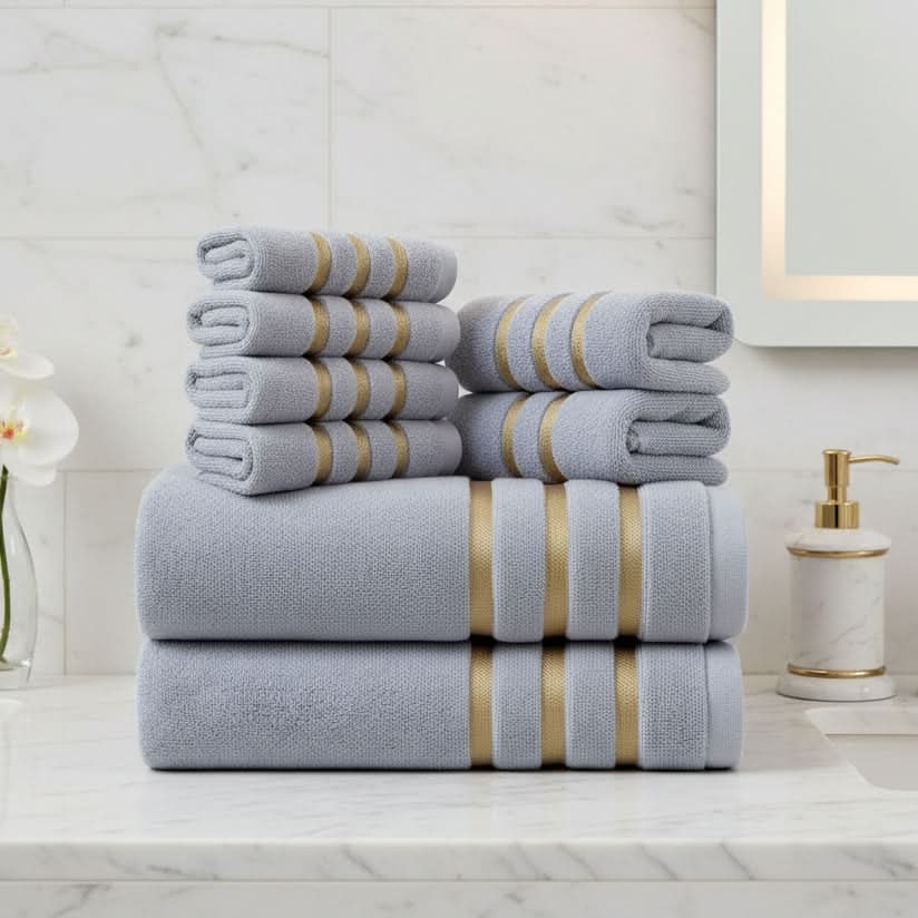 Bath Towel Set with Gold Stripes 8-Piece Cotton with Soft Plush Terry Cloth - Image 1
